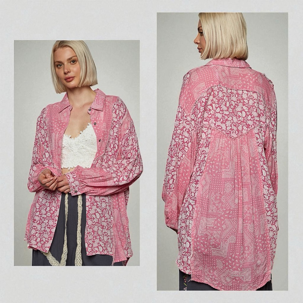 🆕 POL - Paisley - Patterned - Oversized - Long Sleeve Shirt - 100% COTTON